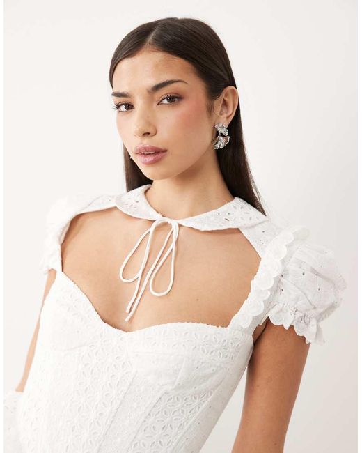 Bardot White Allington Broderie Corset Puff Sleeve Tie Collar Detail Mini Dress