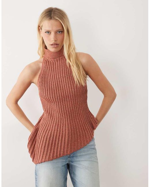 ASOS Brown Metallic Knitted Asymmetrical Halter Top