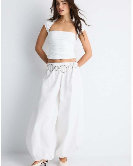 Stradivarius White Polyamide Ruched Square Neck T-shirt