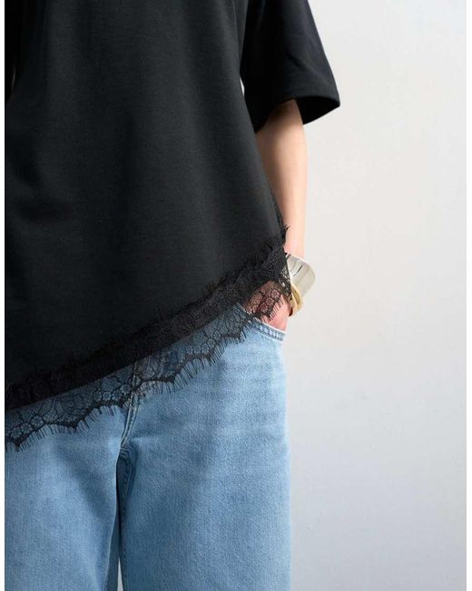 TOPSHOP Black Waisted Lace Trim Tee