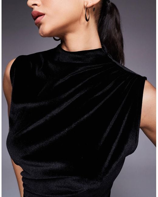 ASOS Black Velvet Sleeveless Ruched Side Mini Dress With Grown On Neck