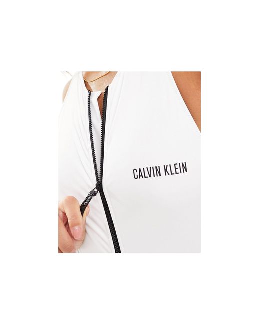 Calvin Klein White Intense Power Zip Front Racerback Swimsuit