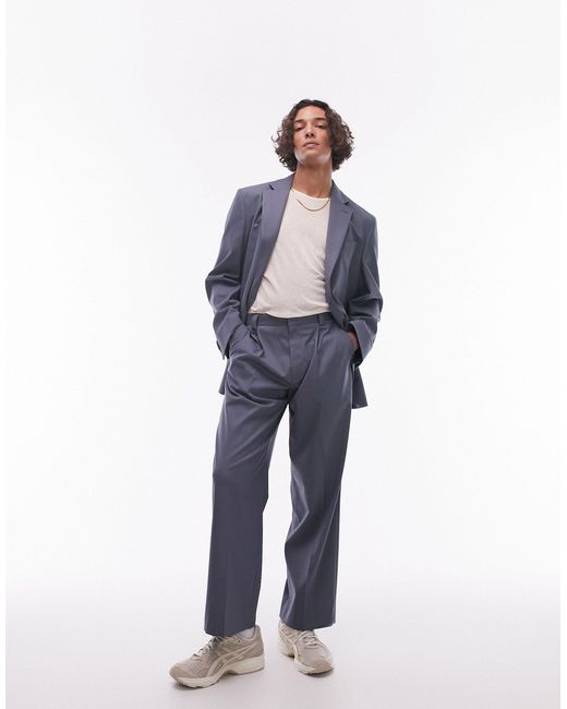 Topman Blue Wide Leg Suit Trousers for men