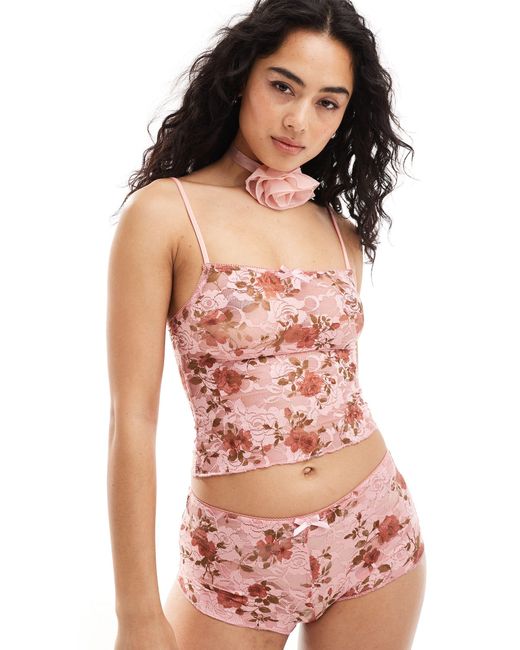 Motel Pink Bow Detail Lace Cami Co-ord