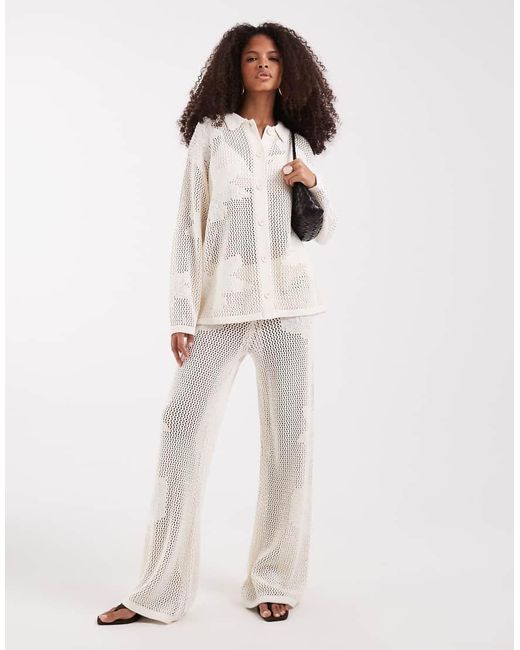 Pretty Lavish Natural Open Knit Oversize Floral Trouser Co-Ord