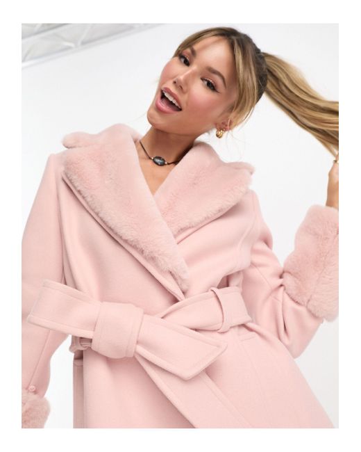 Forever New Pink Faux Fur Midi Coat