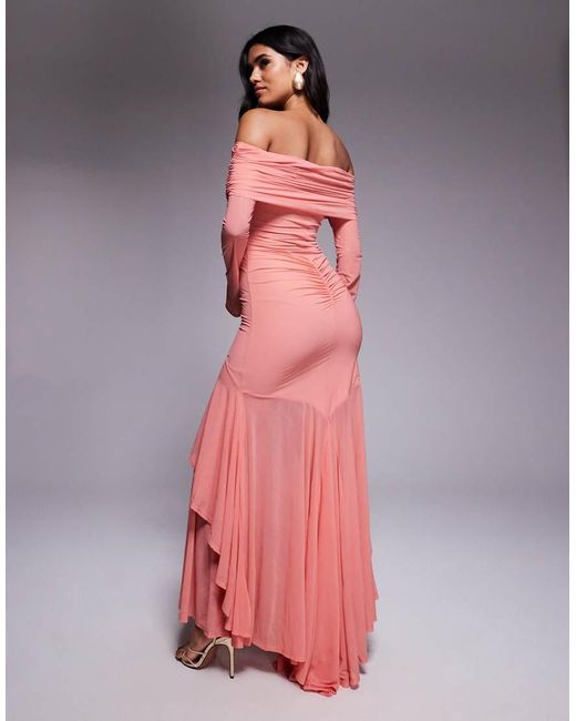 ASOS Pink Stretch Chiffon Long Sleeve Bardot Maxi Dress With Ruffle Hem
