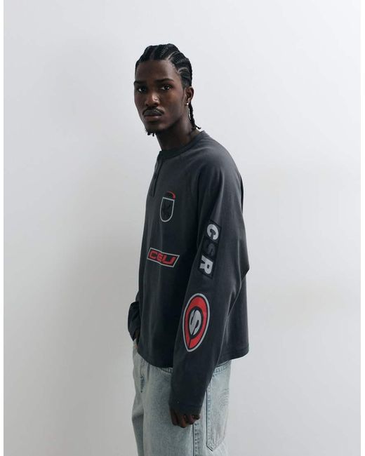 ASOS Black Long Sleeve Boxy Oversized Henley T-shirt With Street Graphics for men