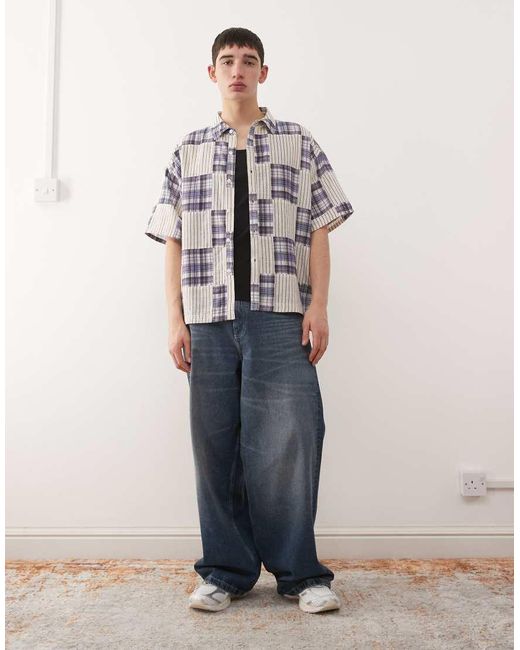 Reclaimed Vintage Natural Short Sleeve Boxy Shirt With Spliced Stripe And Check for men