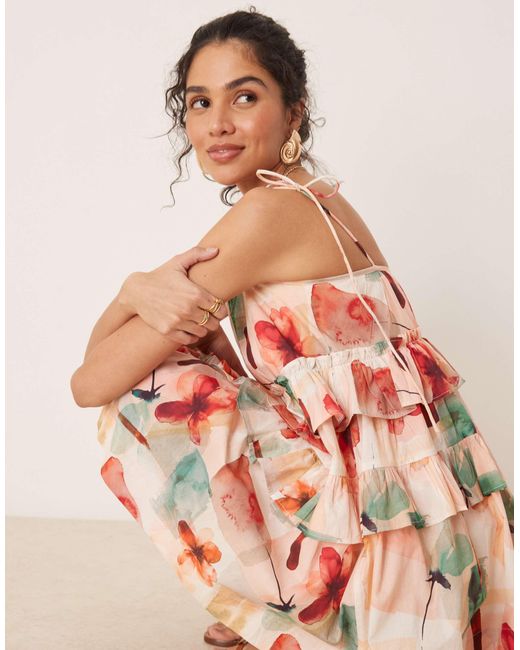 ASOS Pink – gestuftes minikleid mit vintage-blumenmuster und rüschen
