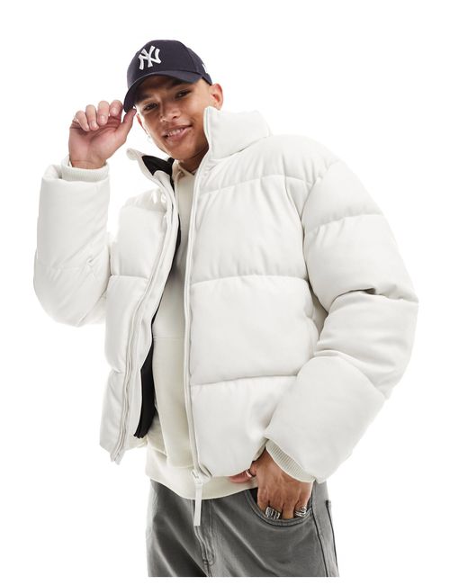 Bershka White Faux Leather Puffer Jacket for men