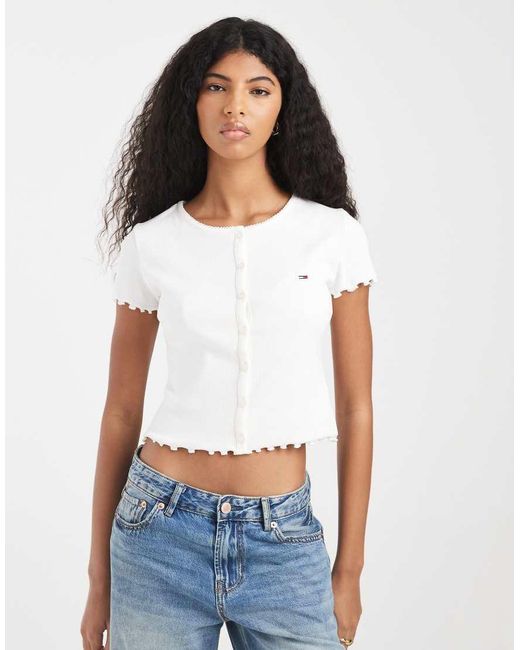 Tommy Hilfiger White Ribbed Buttoned T-shirt