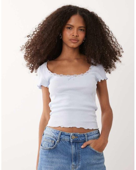 Miss Selfridge Blue Square Neck Lace Trim Short Sleeve Top