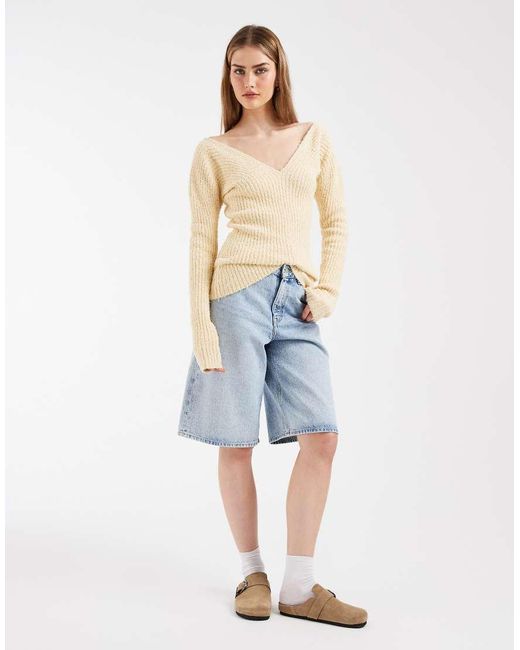 & Other Stories Blue Structured Rib V Neck Knitted Top