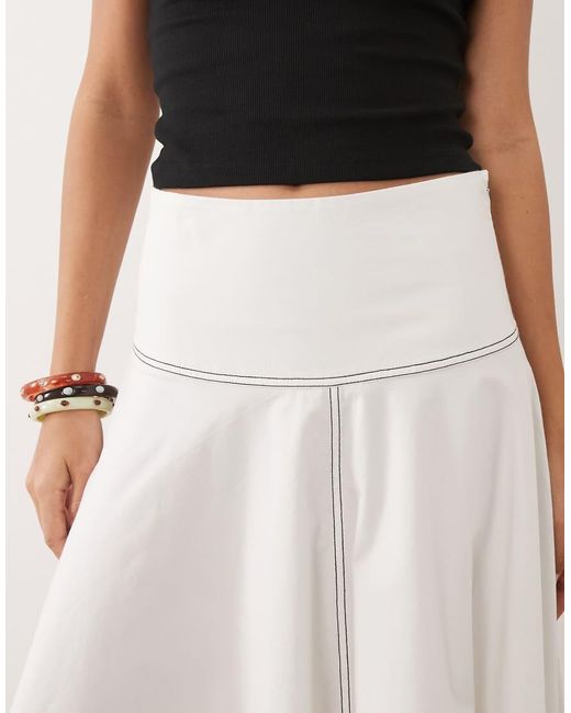 ASOS Pink Dropped Waist Contrast Stitch Volume Midi Skirt