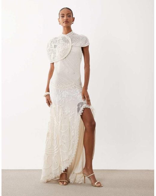 ASOS Natural Panelled Crochet Maxi Dress With Scattered Pearl & Diamante Embellishment