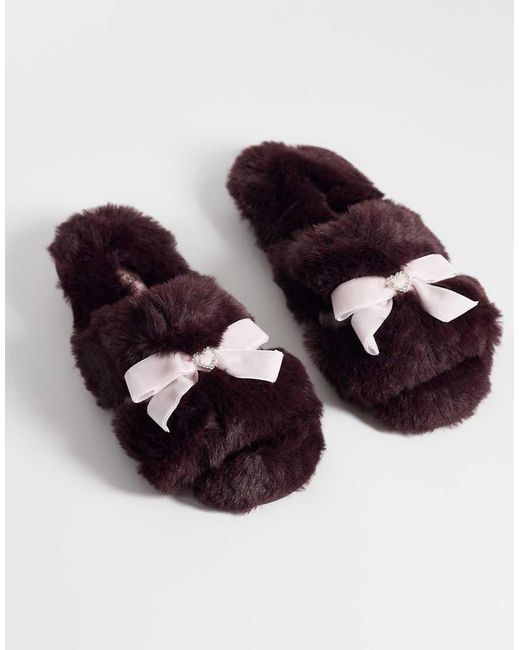 Boux Avenue Brown Open Toe Diamante Heart Bow Front Plush Slippers