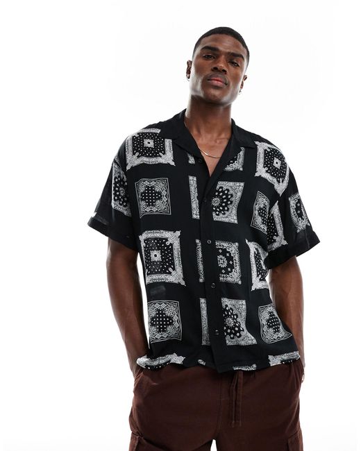 ADPT Black Oversized Revere Collar Shirt With Bandana Print for men