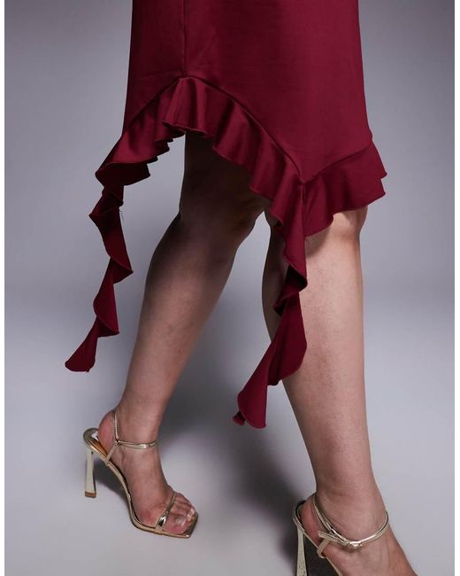 Renee Studio Red Double Sculpted Slinky Long Sleeve Asymmetric Frill Hem Drape Detail Mini Dress