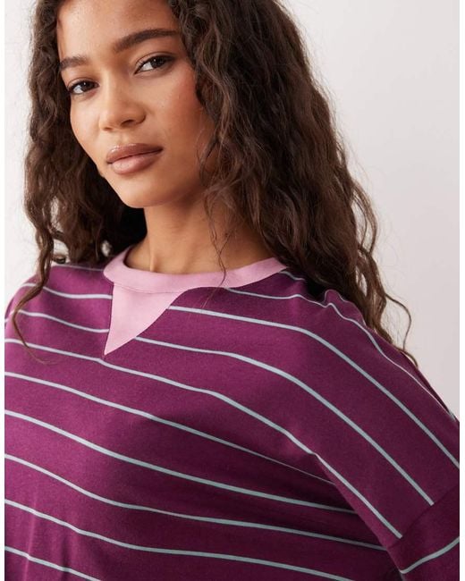 ASOS Purple Long Sleeve Stripe Top With Contrast Notch Crew Neck Detail