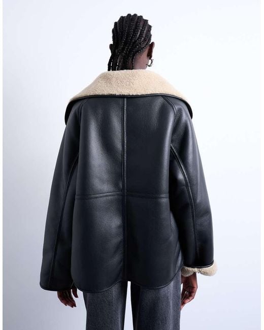 TOPSHOP Black Shearling Oversized Reversible Coat With Button Loop