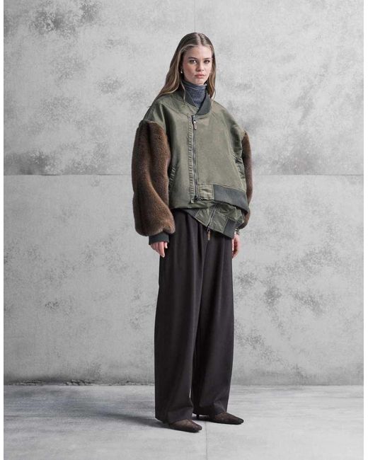 ASOS Gray Decon Faux Fur Sleeve Bomber Jacket