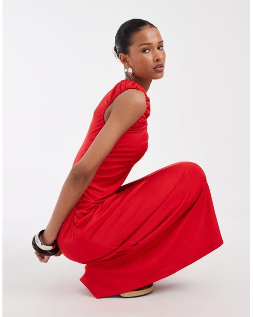 & Other Stories Red Ruched Sleeveless Midi Dress With Keyhole