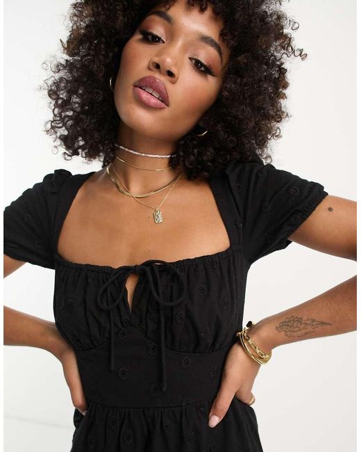 ASOS Black Broderie Short Sleeve Mini Tea Dress With Ruched Bust