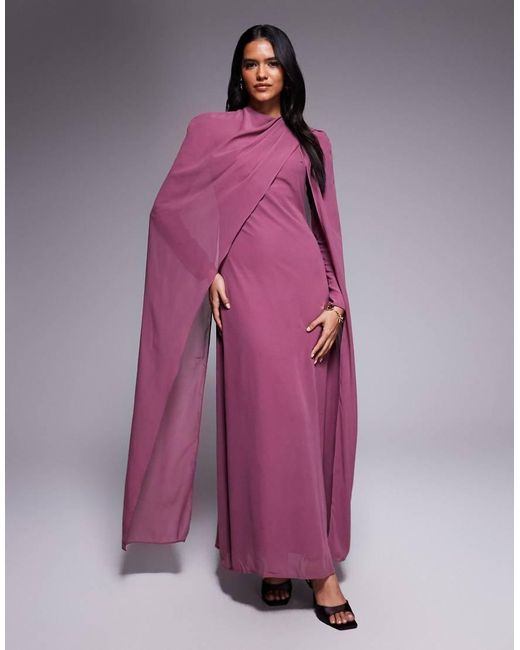 Beauut Purple Chiffon Wrap Cape Detail Maxi Dress