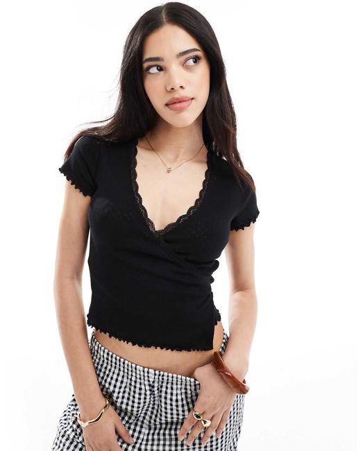 Miss Selfridge Black Pointelle Wrap Detail Top