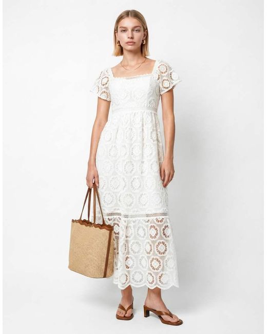 Lovedrobe White Floral Lace Square Neck Short Sleeve Midaxi Dress