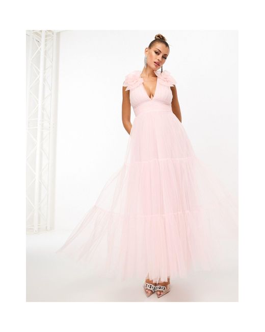LACE & BEADS Pink Rose Shoulder Midaxi Dress