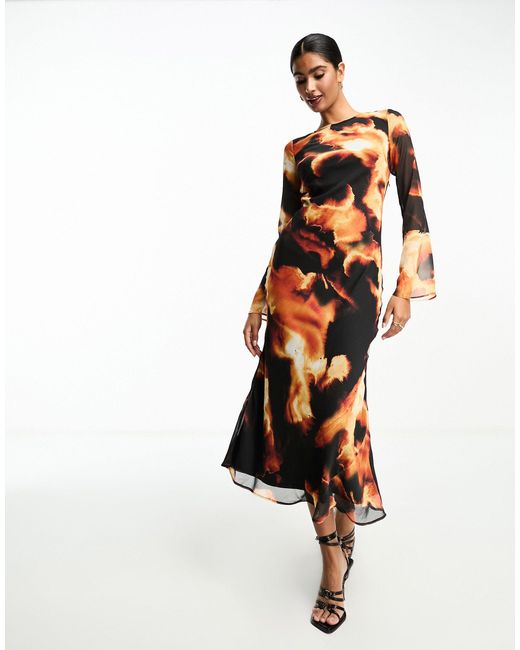 Robe mi longue en mousseline a imprime et manches longues noir ASOS en coloris Blanc Lyst