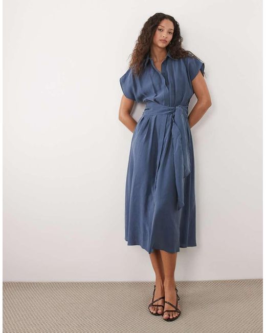 Mango Blue Midi Shirt Dress With Tie Waist