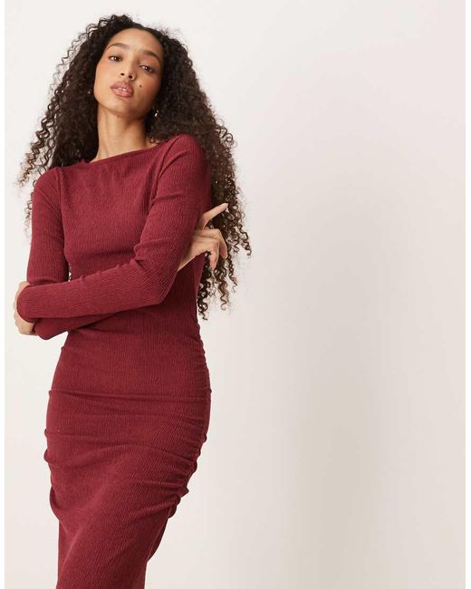 ASOS Red Slash Neck Long Sleeve Ruched Midi Dress