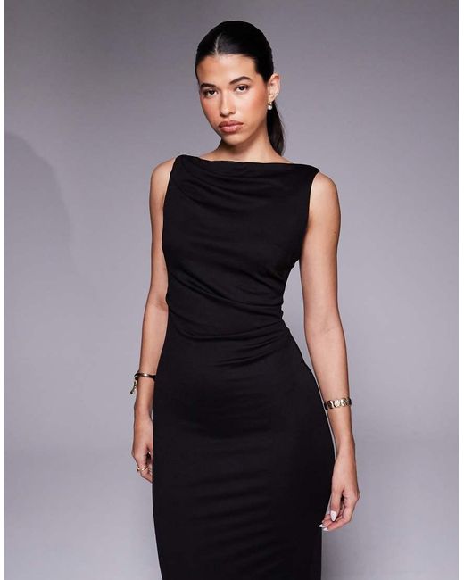 ASOS Black Slash Neck Ponte Midi Dress With Ruched Side Detail