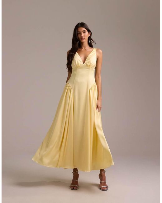 ASOS Natural Bridesmaids Satin Plunge Neckline Dropped Waist Midi Dress