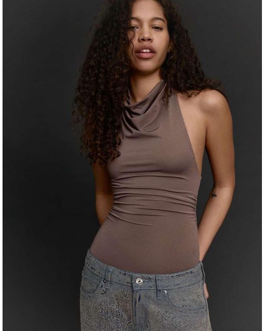 Bershka Black Ruched Halter Bodysuit