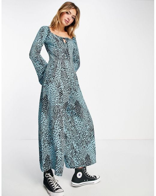 ASOS Bubble Crepe Square Neck Keyhole Jumpsuit in Blue Lyst