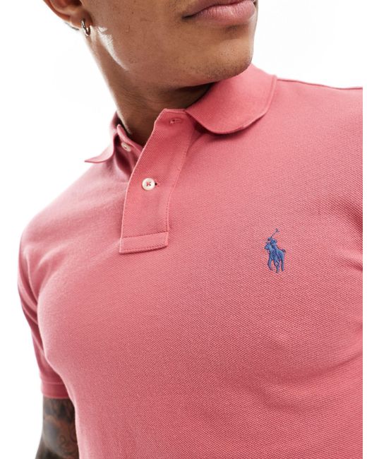 Icon - polo piqué slim fit slavato con logo di Polo Ralph Lauren in Red da Uomo