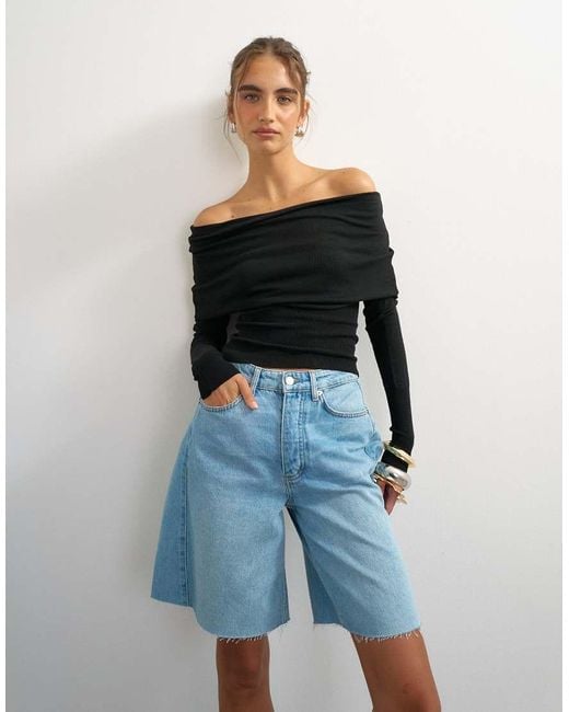 TOPSHOP Blue Knitted Bardot Top