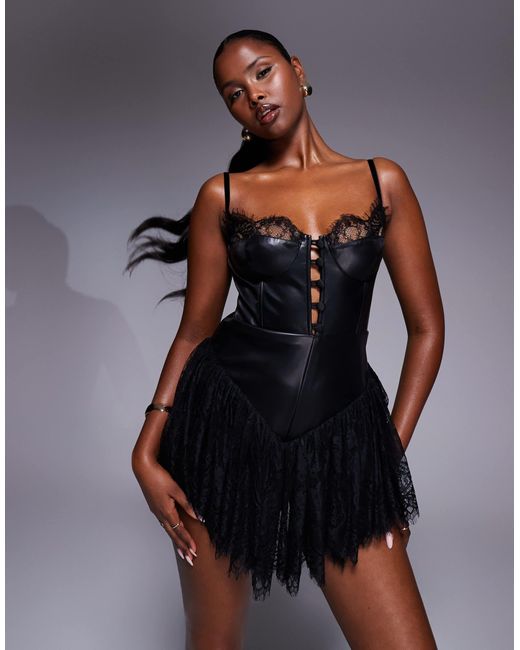 The Dolls House Black Roxanna Pu Lace Corset Drop Hem Playsuit