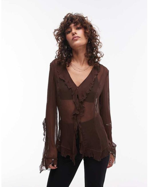 Mango Brown Tie Detail Mesh Blouse