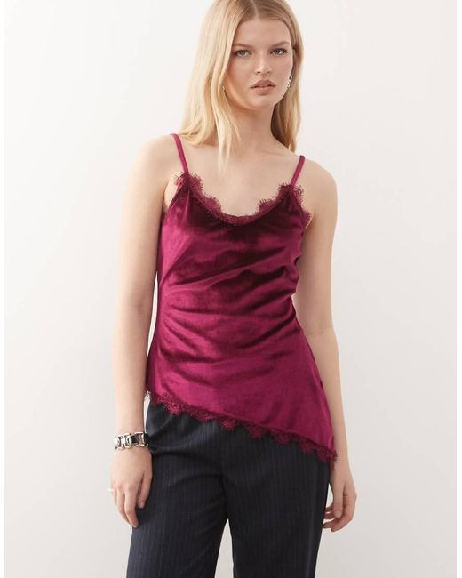 Miss Selfridge Red Asym Velvet Cami Top With Lace Trims
