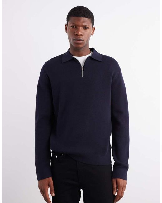 Jack & Jones Blue Premium Long Sleeve Knitted Polo With Quarter Zip for men
