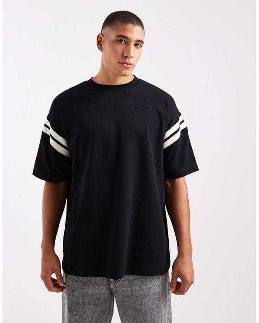 ASOS Oversized T-Shirt Van Zware Stof Met Rechte Pasvorm En Contrasterende Strepen in het Black voor heren