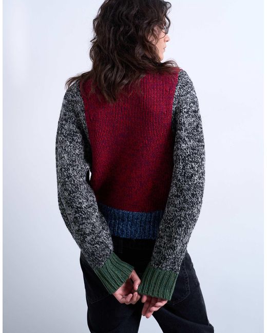 TOPSHOP Red – patchwork-strickpullover aus verzwirntem garn mit weiten ärmeln