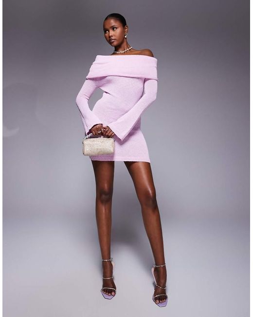 Aria Cove Purple Textured Boucle Knit Ruched Bardot Foldover Mini Dress