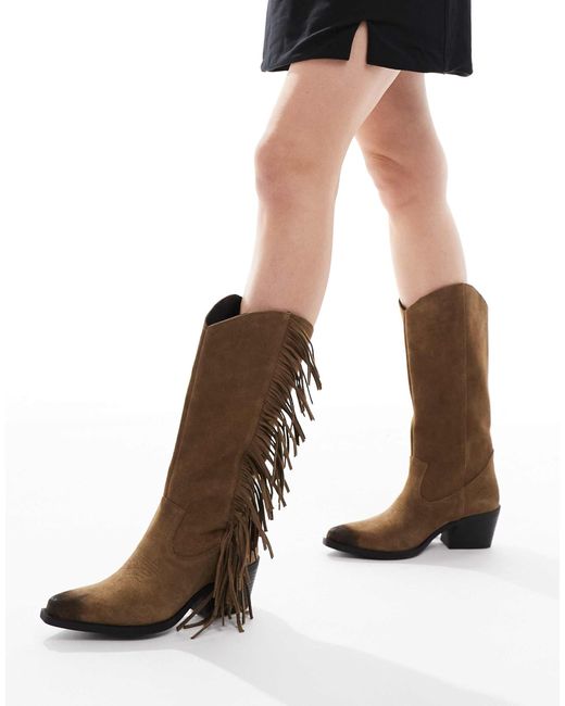 Pull&Bear Brown Boho Tassle Suede Western Boots