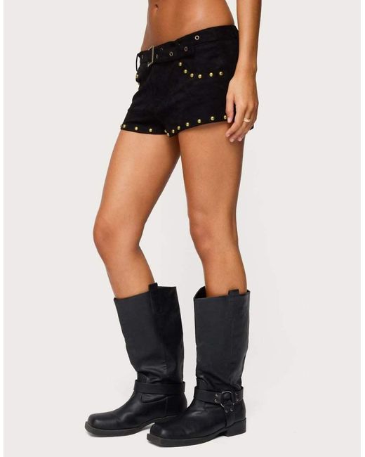 Edikted Black Studded Faux Suede Micro Shorts